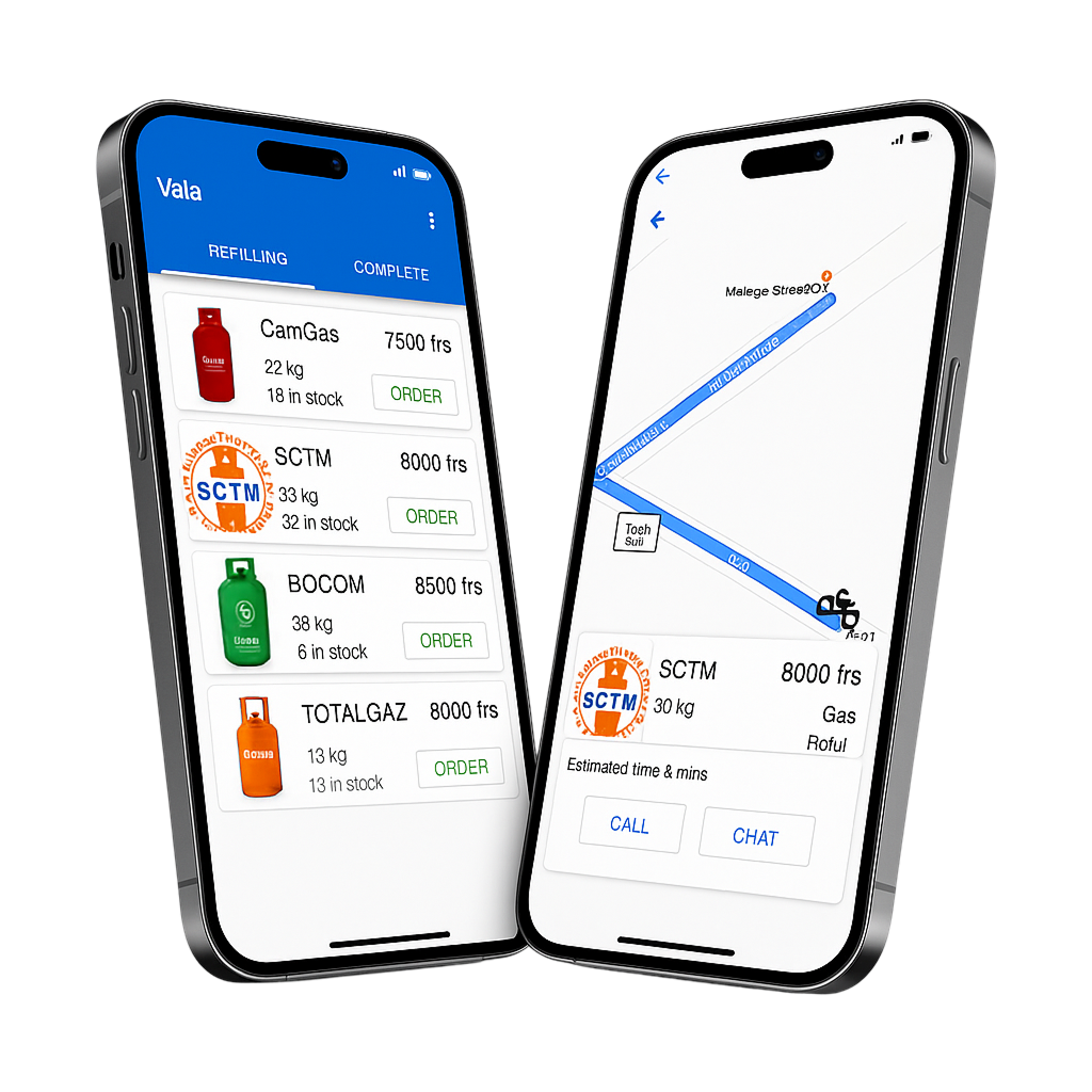 Delivery man handing gas to a family in the kitchen