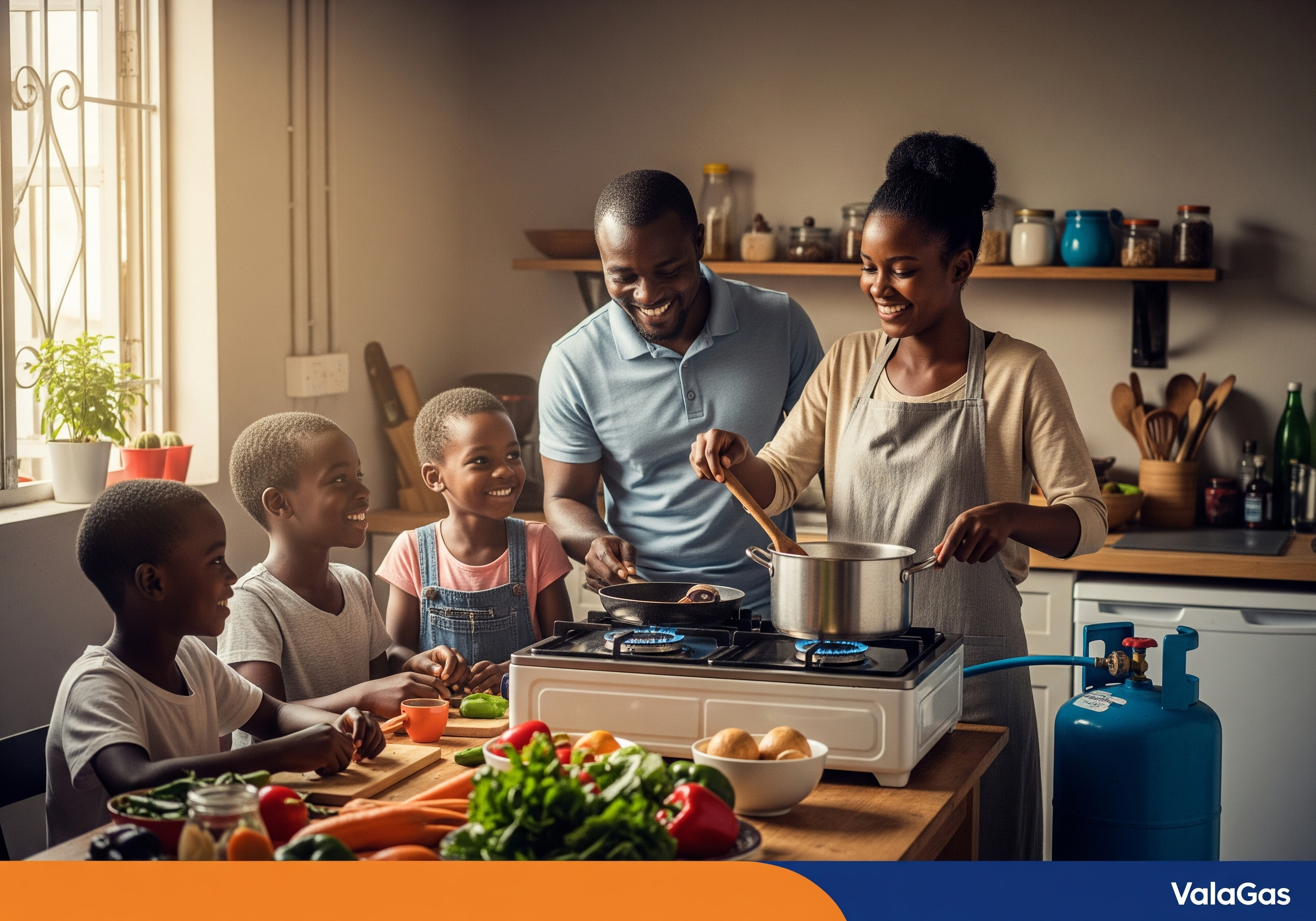 Delivery man handing gas to a family in the kitchen